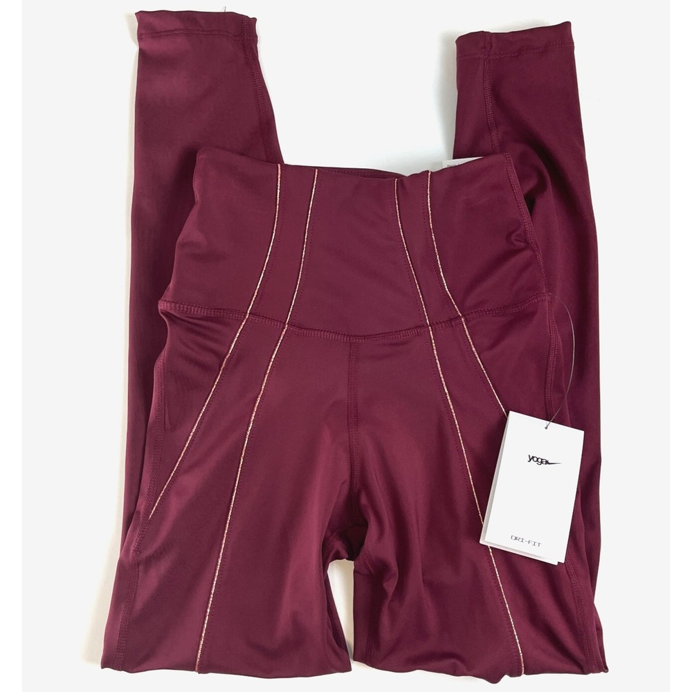 NIKE Womens XS Yoga 7/8 Tights Beetroot Maroon‎ Burgundy Metallic Rose Gold